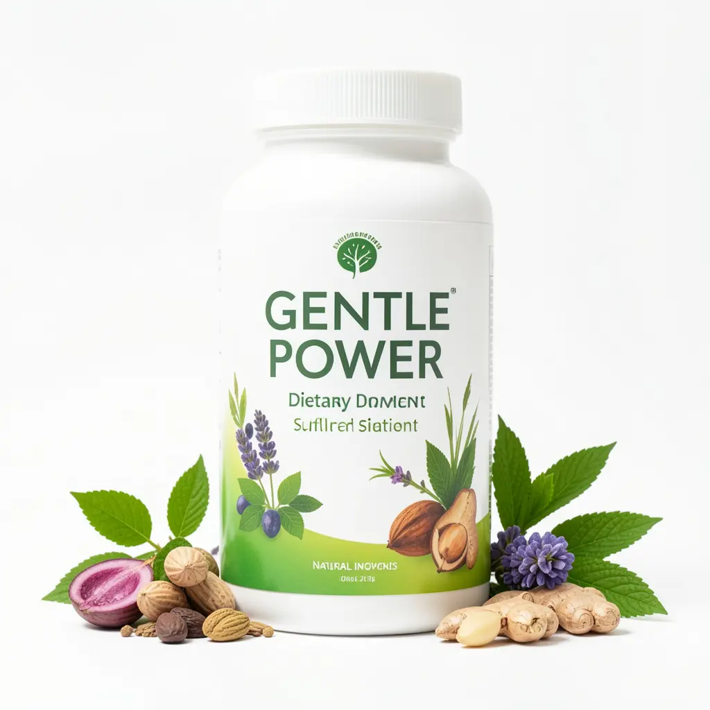 Gentle Power dietary supplement bottle with natural ingredients displayed on a clean white background